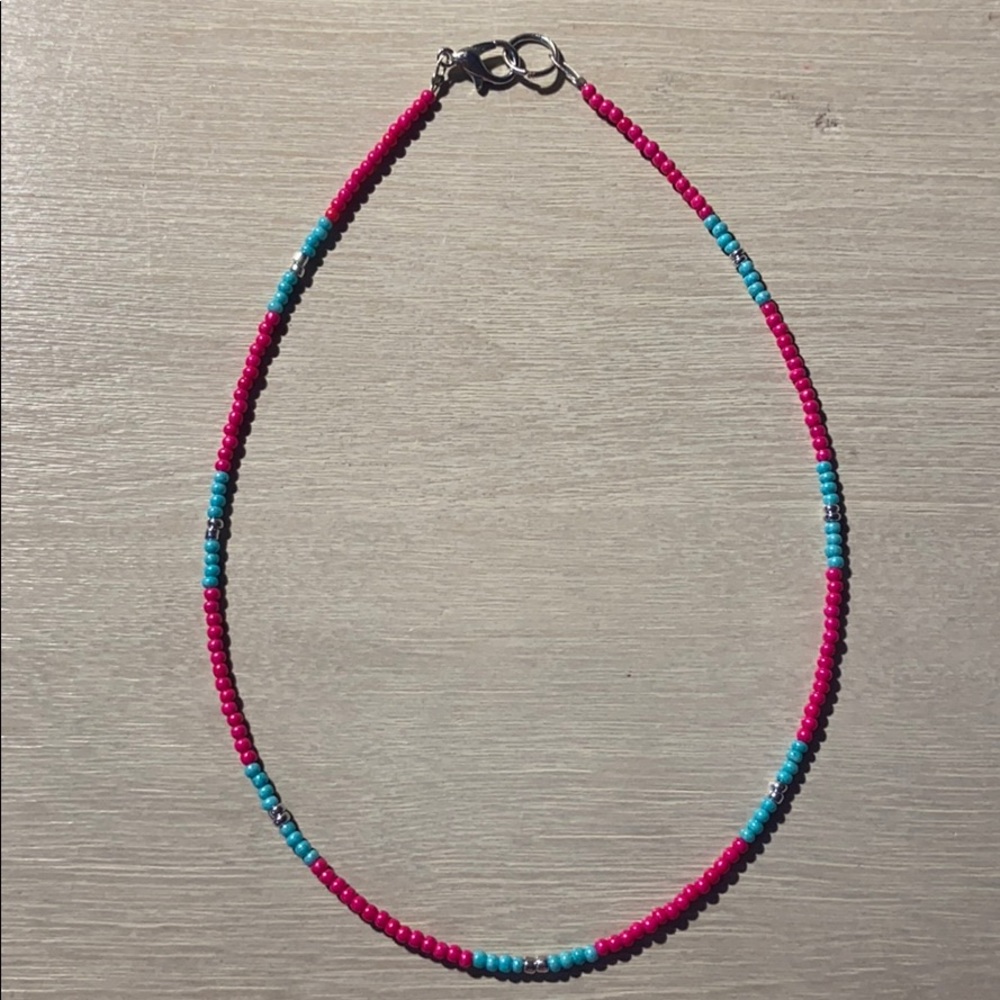 Pink silver and blue seed bead necklace